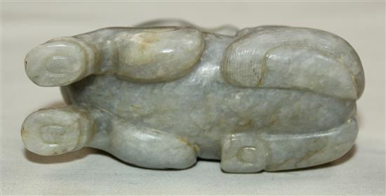 A Chinese mottled pale grey jade figure of a recumbent horse, probably Ming dynasty, 7.2cm, wood stand